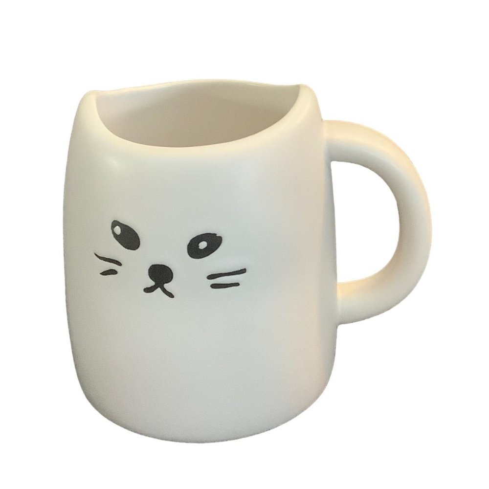 White Grumpy Sleepy Annoyed Cartoon Cat Face Ears Coffee Tea Mug Cup Ceramic